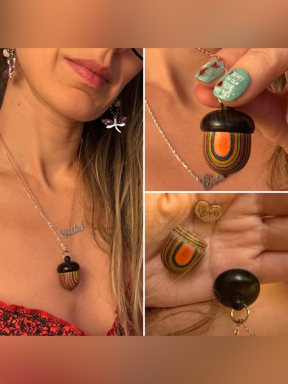 Secret Pocket Wood Acorn Multicolor Acorn Pendant Necklace Handcrafted by EKA